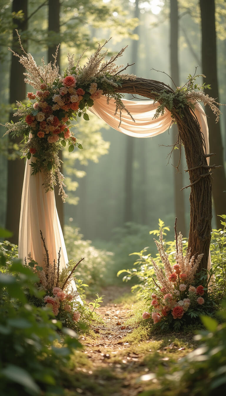 Woodland wedding ceremony with branch arch, draped fabric, sage and blush florals, dappled forest light, and dreamy lens flare framed by foliage.