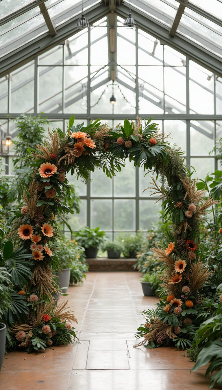 Modern greenhouse venue with hexagonal arch, earth-toned tropical and dried florals, and diffused natural light through glass panels.