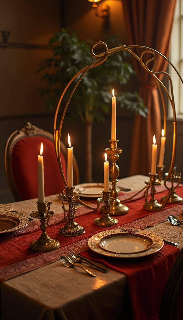 Vintage-style indoor scene with brass circular arch, warm lighting, antique mirrors, candlesticks, and layered textiles viewed from above.