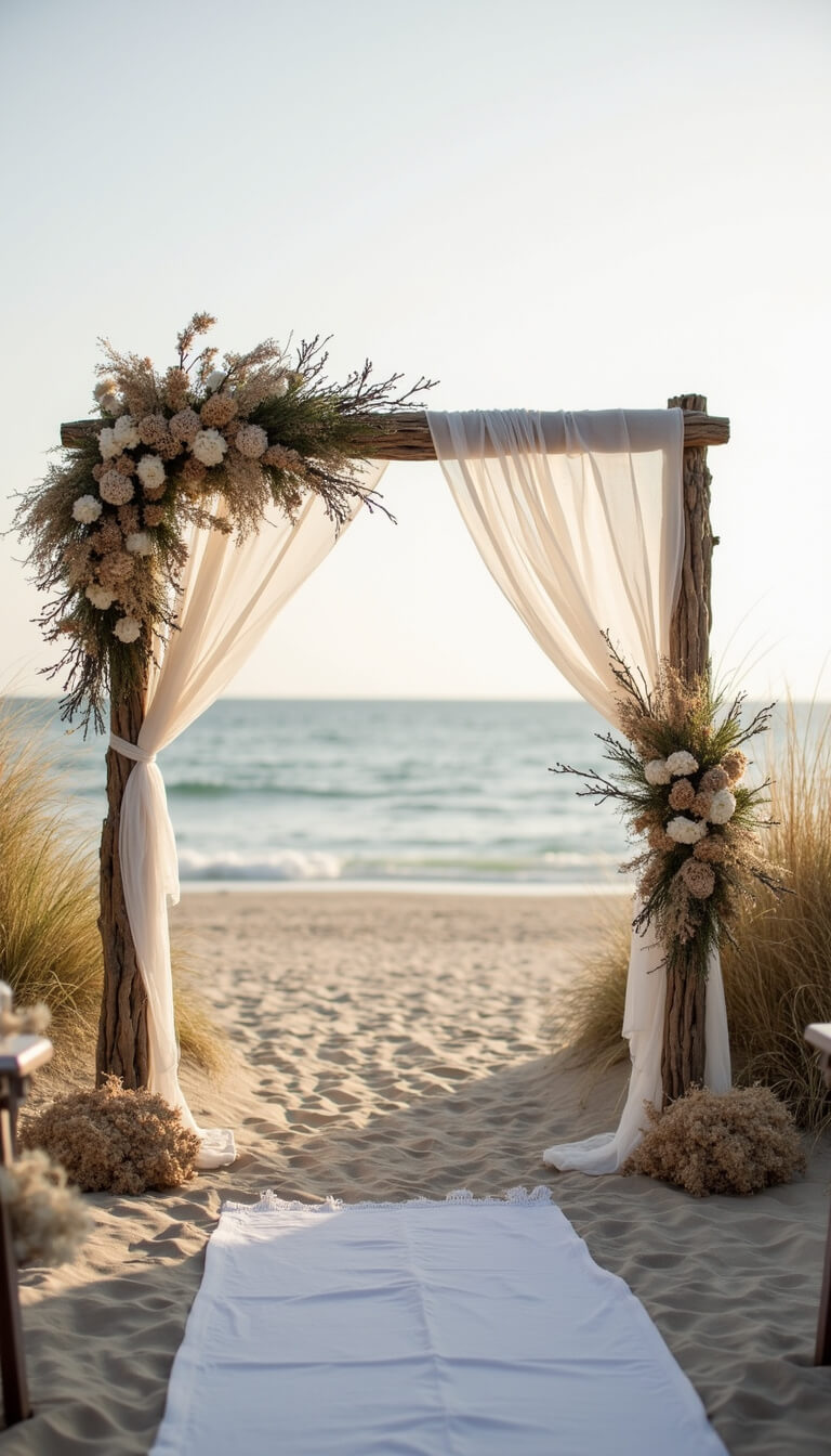 Beachfront wedding setup with driftwood arch, neutral-toned coastal decor, ocean horizon, and flowing fabrics in sea breeze.