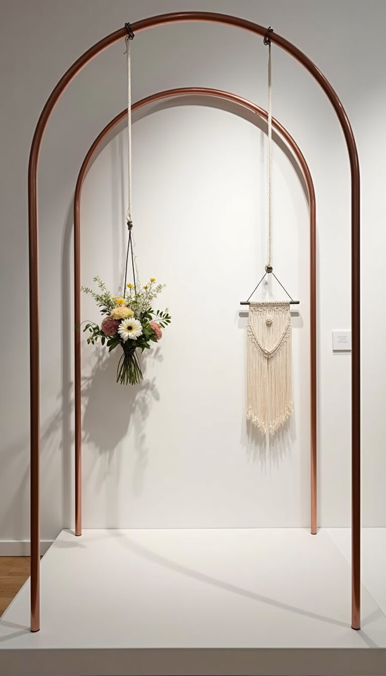Minimalist gallery with copper pipe arch, geometric macramé, and dramatic shadowed lighting against white walls.