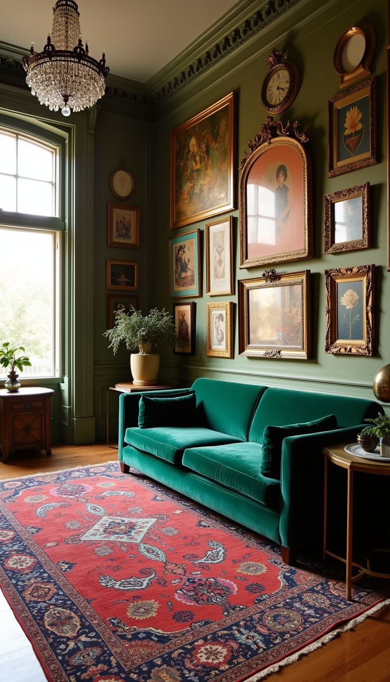Victorian living room with emerald velvet sofa, Persian rugs, crystal chandelier, and floor-to-ceiling windows lit by golden hour sunlight.