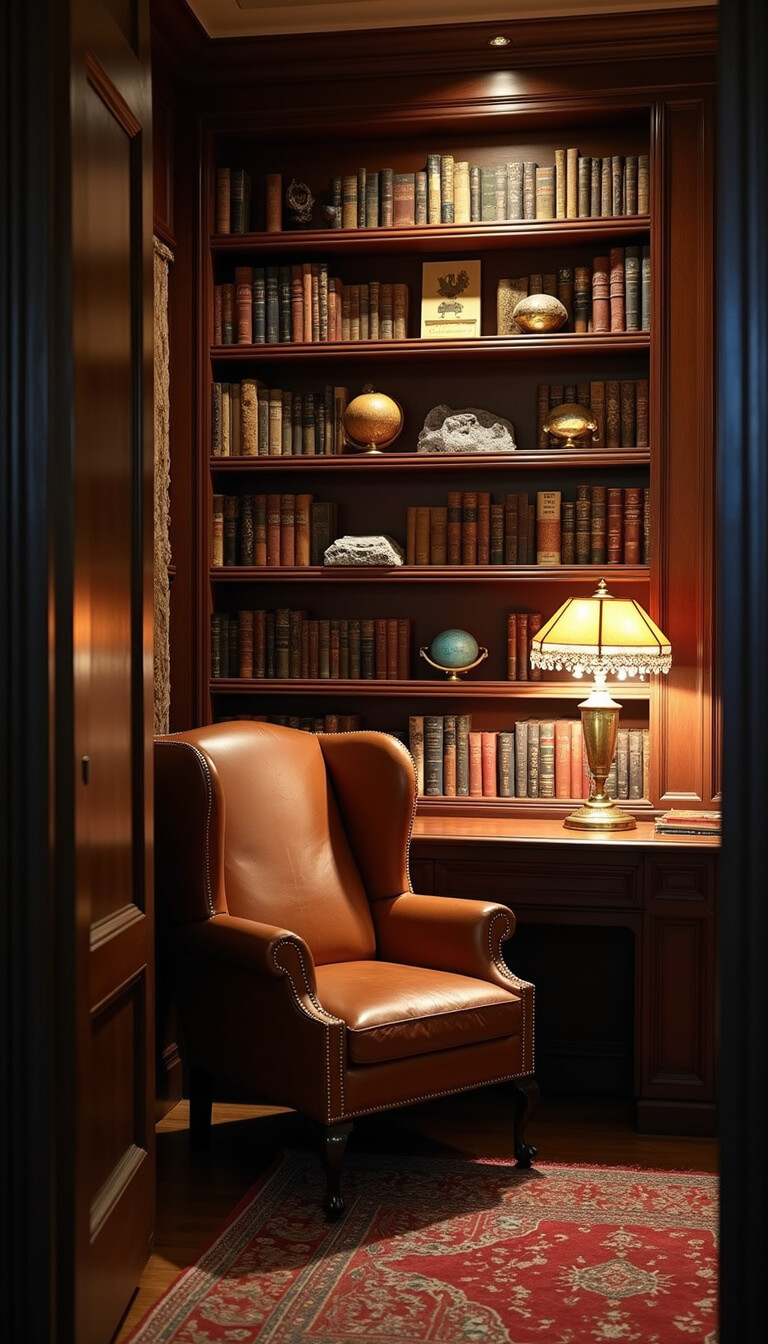 Twilight view of a cozy 12x14ft library nook with mahogany bookshelves, leather wingback chair, Art Deco lamp, brass shelves displaying globes and crystals, and a glowing Moroccan pendant lamp.