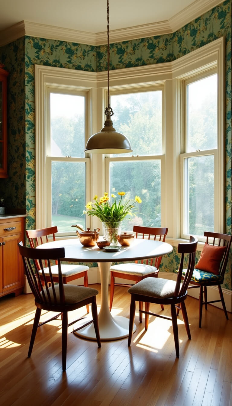Sunlit breakfast room with bay window, tulip table, mismatched vintage chairs, jungle botanical wallpaper, and colorful glassware catching light.