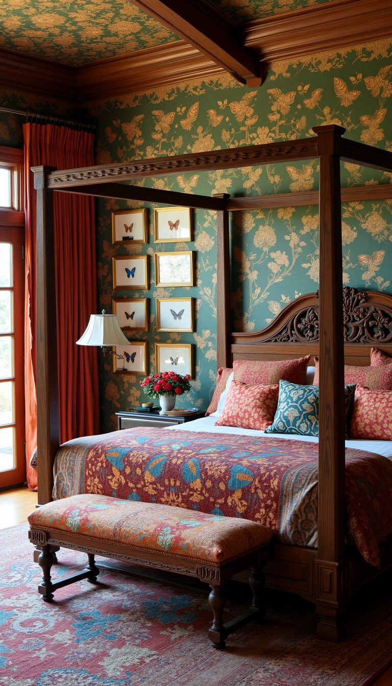 Maximalist master bedroom at dusk with carved teak four-poster bed, layered global textiles, Chinoiserie wallpaper, and framed butterfly and botanical art.