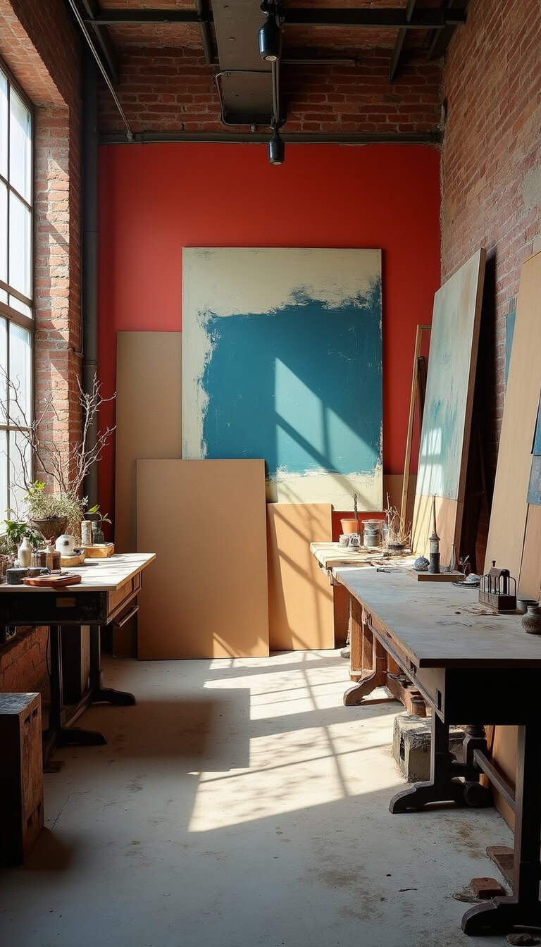 Artist's 18x20ft studio with exposed brick walls, color-block paint, abstract canvases, vintage drafting tables, and dramatic track lighting highlighting vertical space and creative clutter.