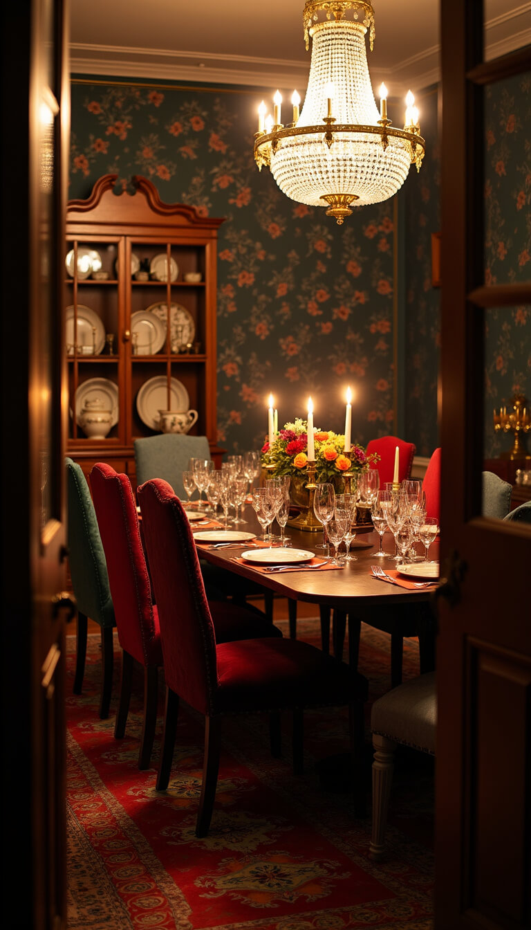 Candlelit eclectic dining room with jewel-toned velvet chairs, crystal chandelier, dark floral wallpaper, and vintage china cabinet.