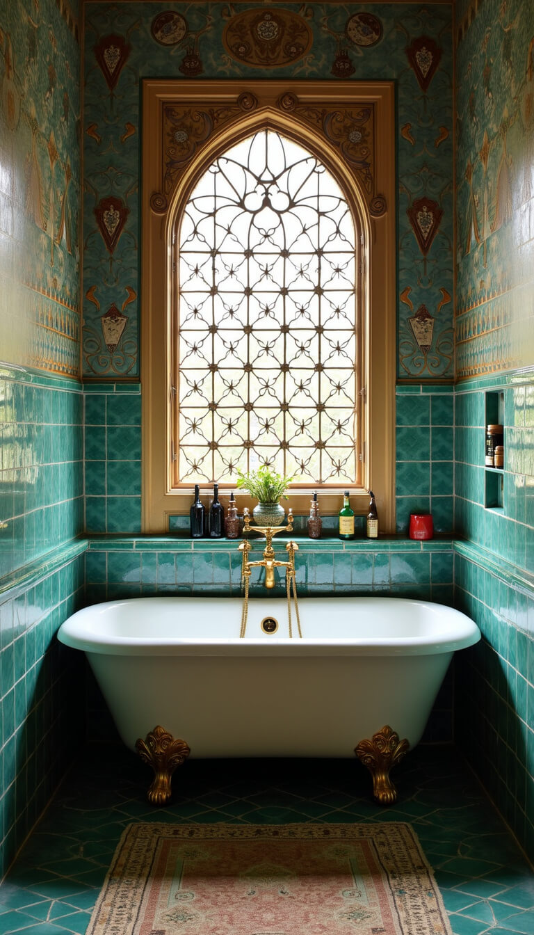 Boho-luxe bathroom with clawfoot tub beneath stained glass window, Moroccan tile walls, vintage brass fixtures, and apothecary bottles glowing in morning light.