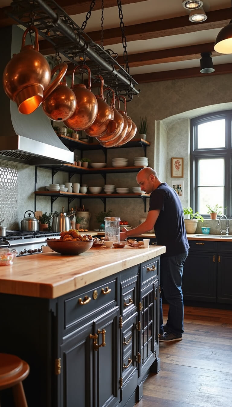 Global fusion kitchen with copper pots over butcher block island, global ceramics on open shelves, and pendant lights highlighting prep areas.