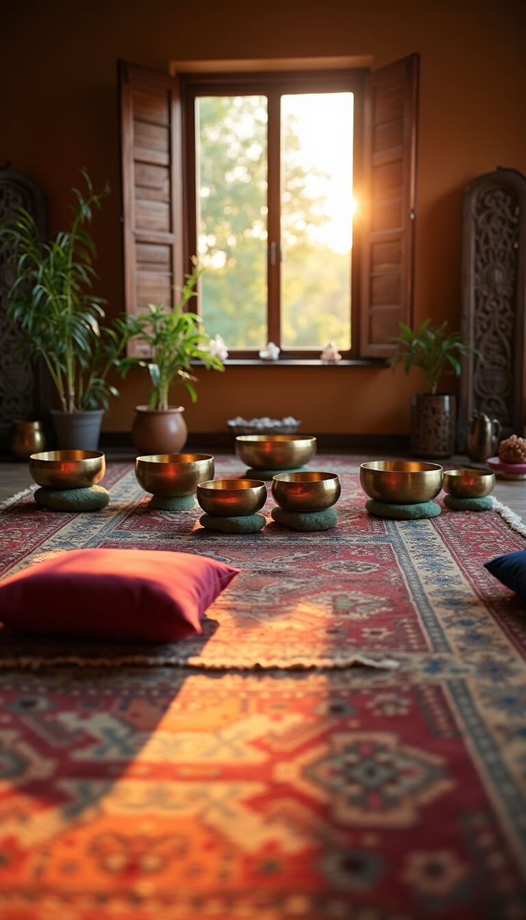 Meditation room at sunrise with jewel-toned cushions on Kilim rugs, brass singing bowls, wooden screens filtering light, and crystal clusters with plants.