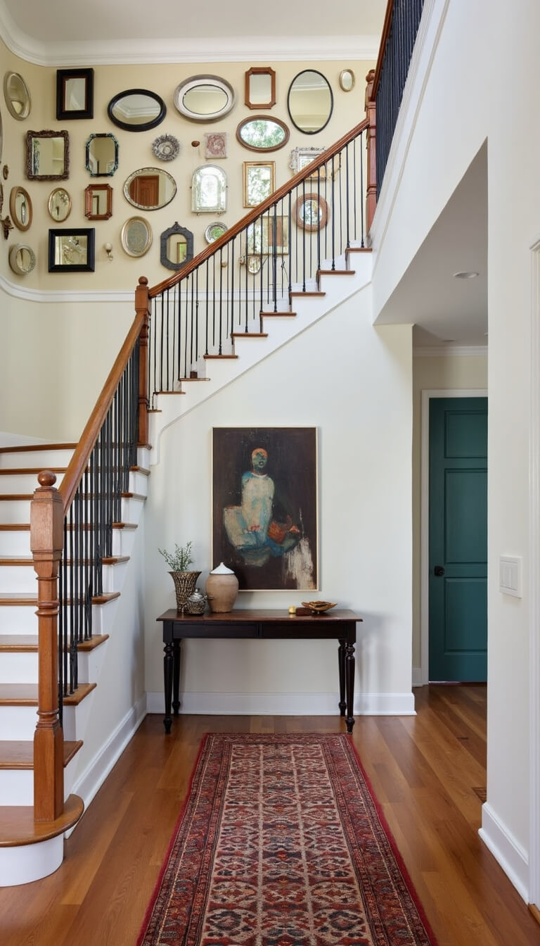 Dramatic 10x14ft entryway with sweeping staircase, vintage mirror gallery wall, console table with collected objects, oversized modern art, and Moroccan runner.