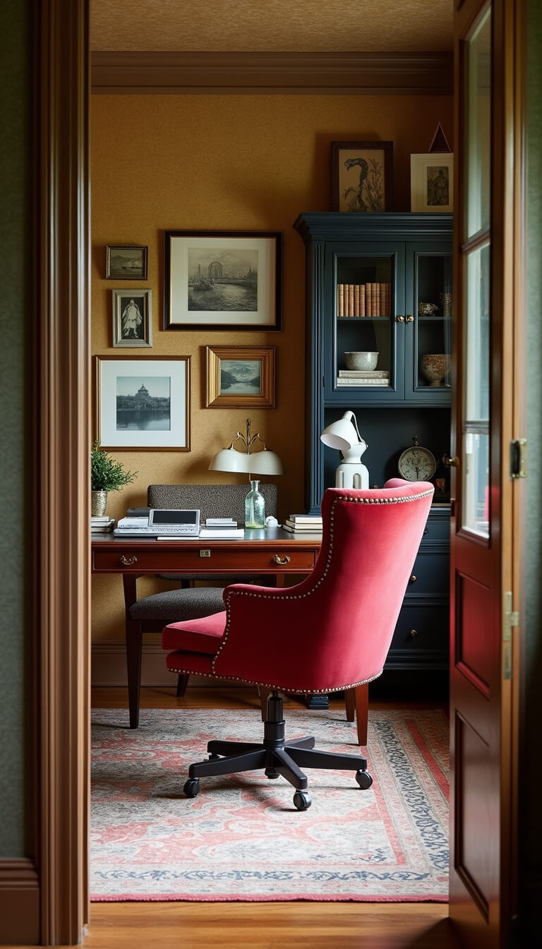 Maximalist 14x14ft home office with grasscloth wallpaper, salon-style art wall, ruby red velvet chair at campaign desk, vintage cabinet of global artifacts, afternoon light through doorway.