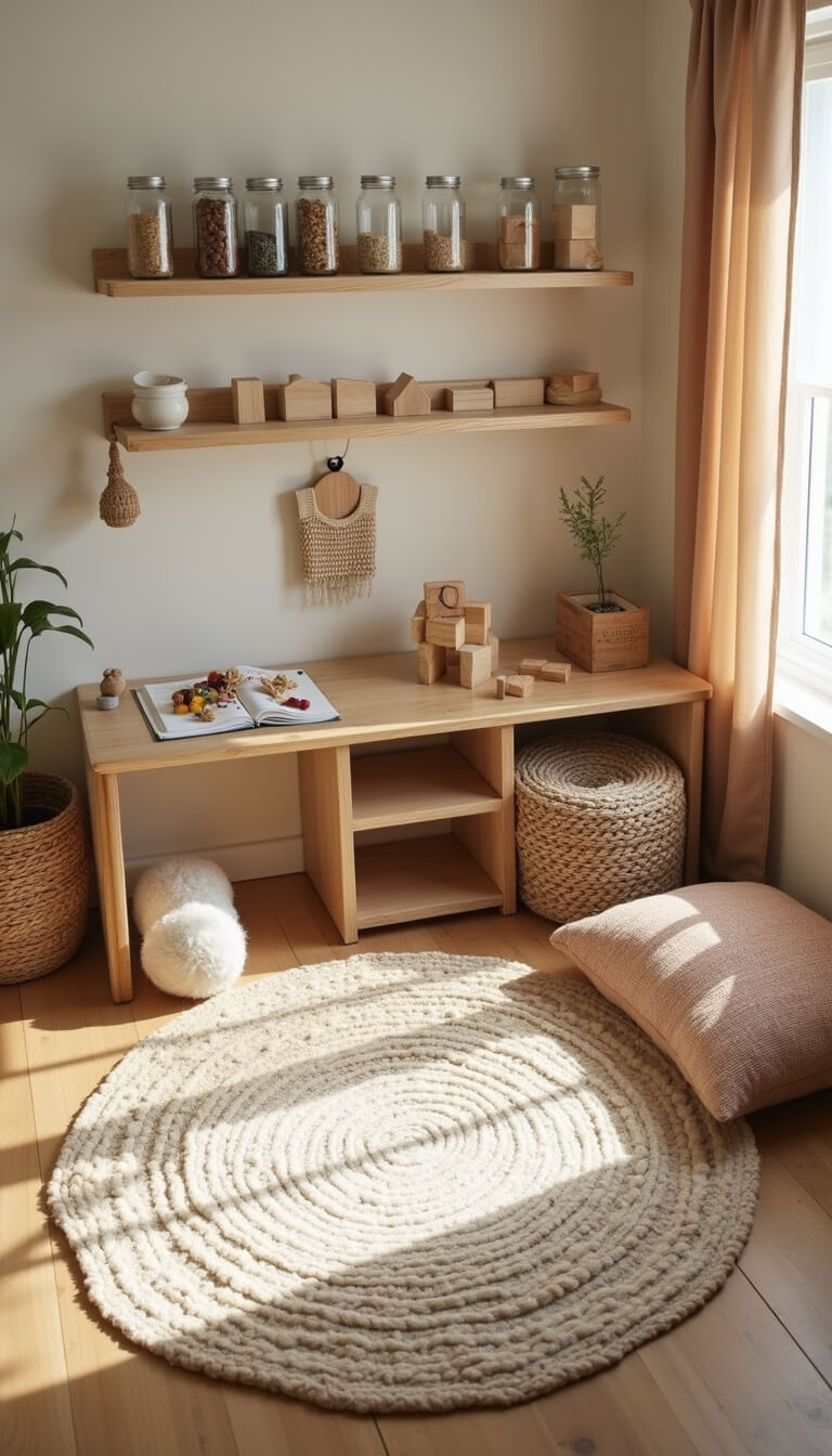 Overhead view of a modular play zone showing the intersection of an art station with mason jars on floating shelves, a building area with wooden blocks on low shelves, and a quiet corner with earth-toned pillows, all set on overlapping vintage-style rugs.
