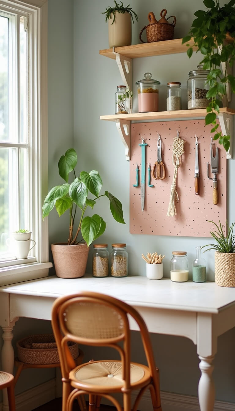 Close-up of a cozy craft corner with a white wooden table, rattan chairs, organized art supplies in glass jars, trailing pothos in macramé hangers, and a desert rose pegboard with tools.