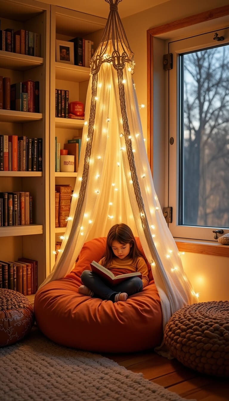 Child's-eye view of cozy reading nook with twinkle lights, burnt orange floor cushion, macramé canopy, warm white bookshelf with copper rails, and Moroccan pouf and wool ottoman.