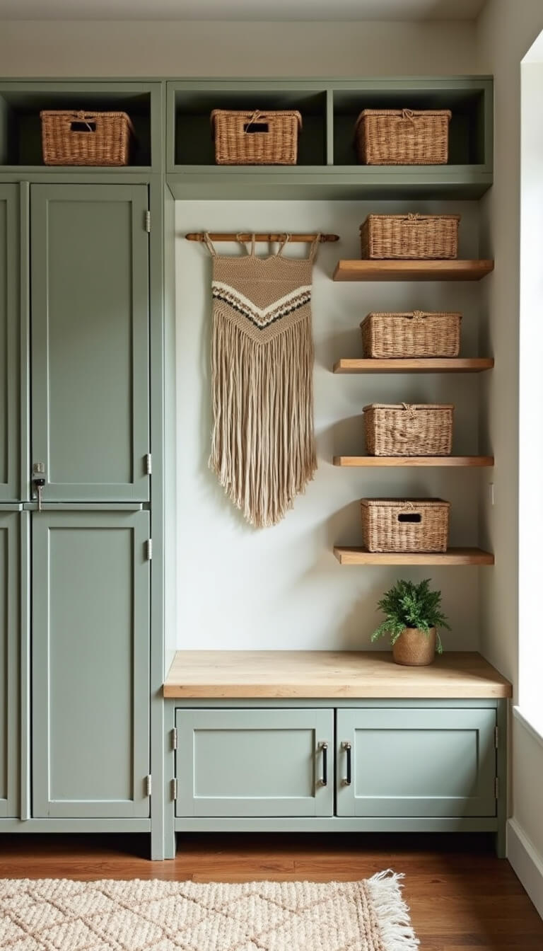 Storage wall in early morning light with sage green vintage lockers, floating wooden boxes, rattan baskets, and a neutral-toned handwoven wall hanging.