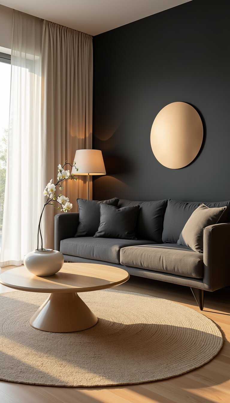 Minimalist living room with charcoal sofa, jute rug, and sunlight filtering through sheer curtains during golden hour.