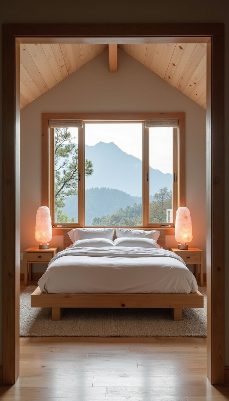 Master bedroom at dawn with vaulted ceiling, platform bed in white linens, mountain view through bamboo blinds, and soft pink glow from salt lamps.