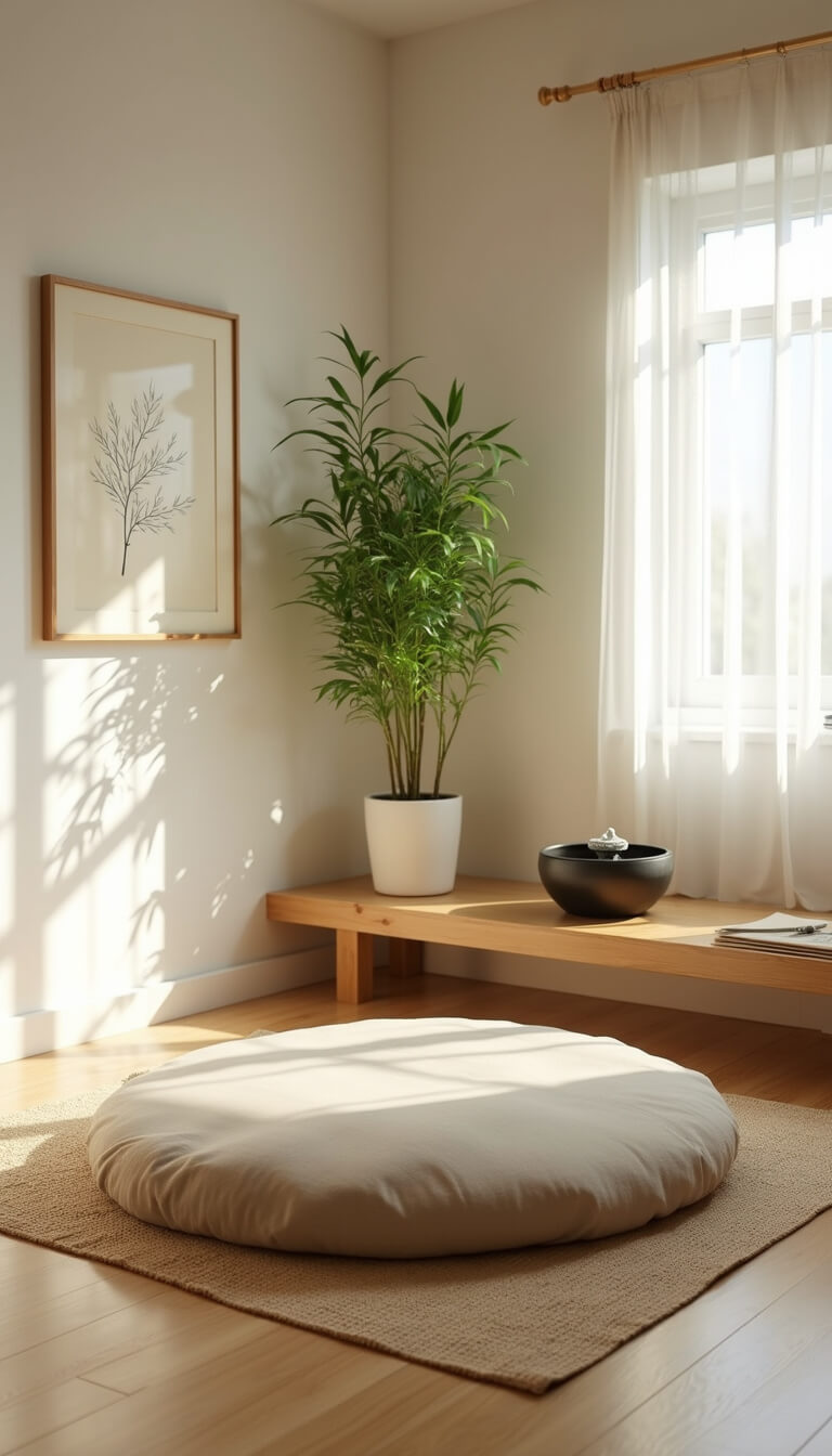 Meditation nook with round tatami mat, oatmeal floor cushion, tabletop fountain on wooden shelf, potted bamboo, and rice paper art on white walls.