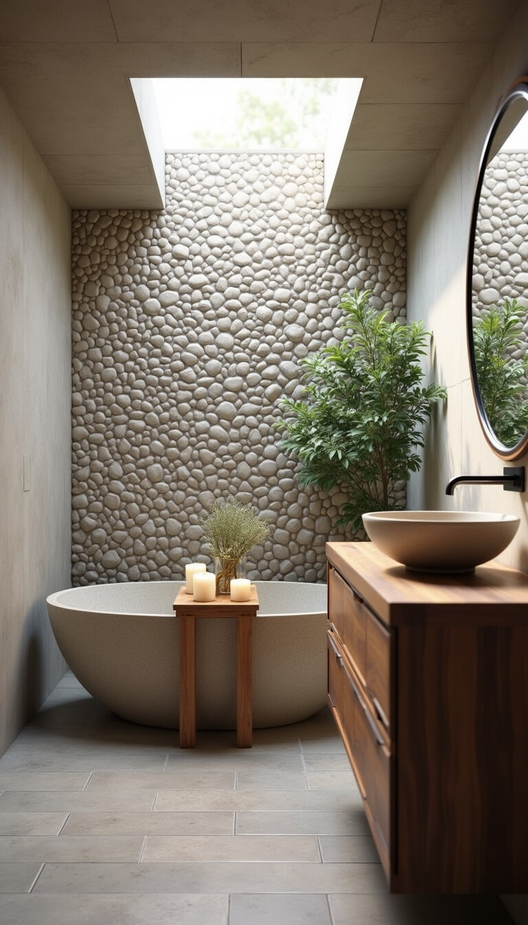 Serene bathroom with freestanding stone tub, pebble tile accent wall, and skylight illuminating water droplets.