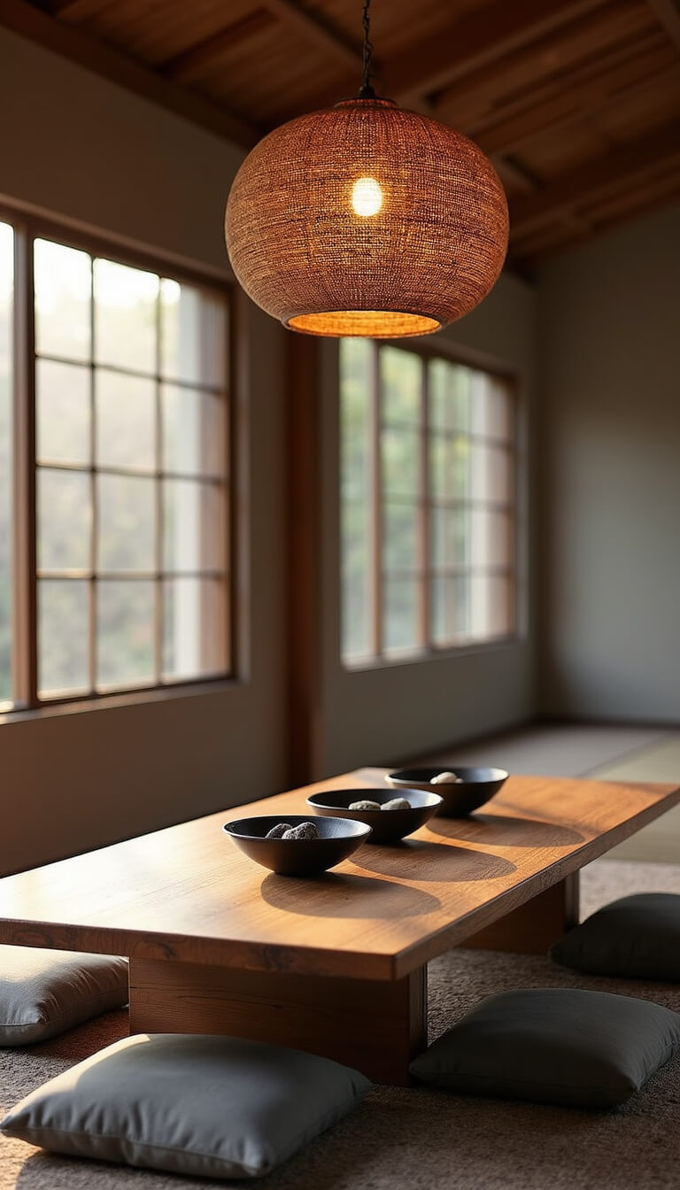 Dining space at dusk with low reclaimed teak table, dove grey silk floor cushions, bamboo pendant light casting shadows, ceramic bowls with river stones, and shoji screens filtering light.