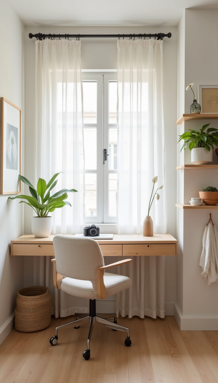 Home office alcove with pale ash floating desk facing window, linen ergonomic chair, peace lily on desk, and minimal cream decor on floating shelves.