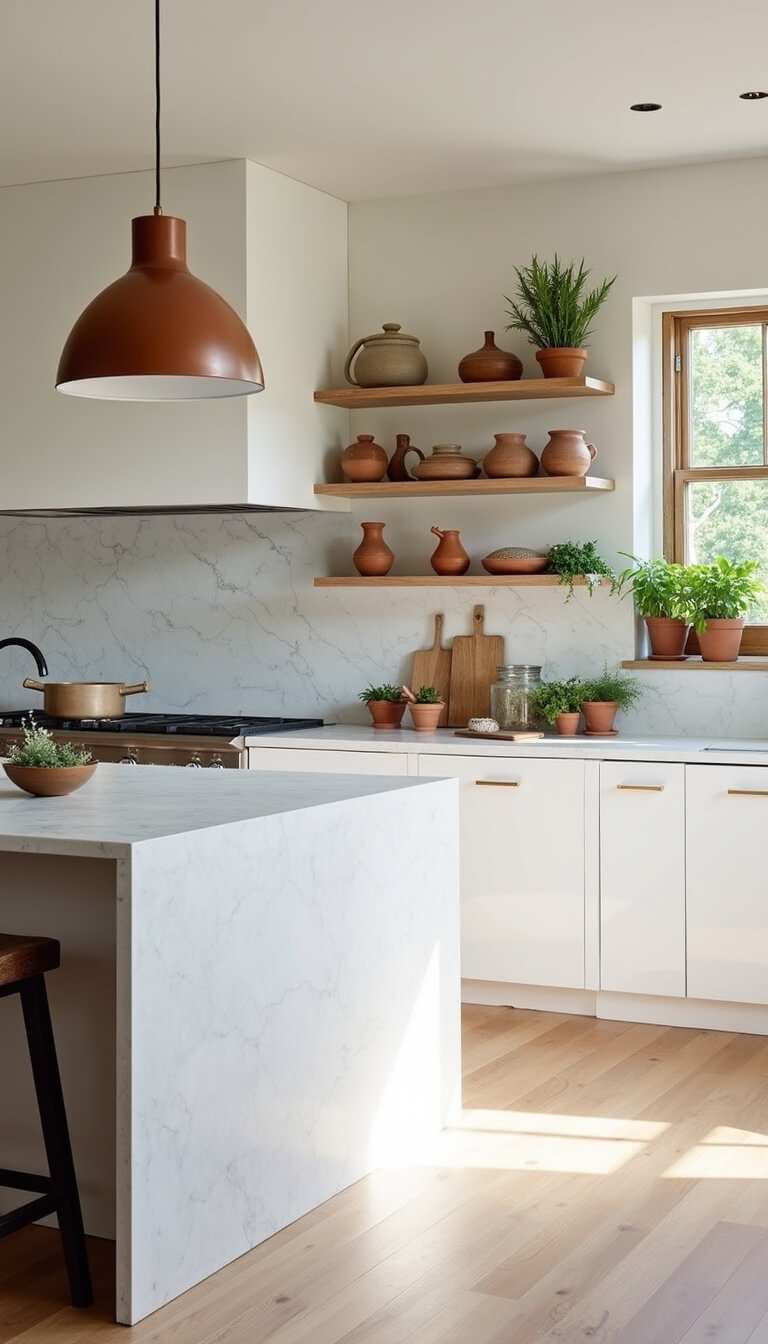Wide-angle view of a bright minimalist kitchen with white cabinets, marble island, copper pendant lights, artisanal ceramics on open shelves, and terracotta potted herbs on the windowsill.