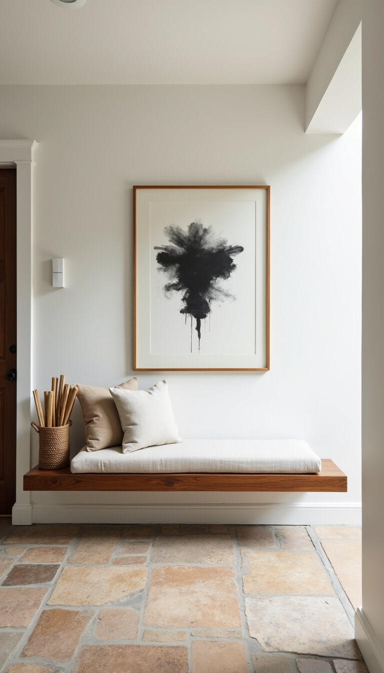 Softly lit entry foyer with floating walnut bench, linen cushion, abstract ink painting on white wall, natural stone tile floor, and woven basket holding bamboo mats.