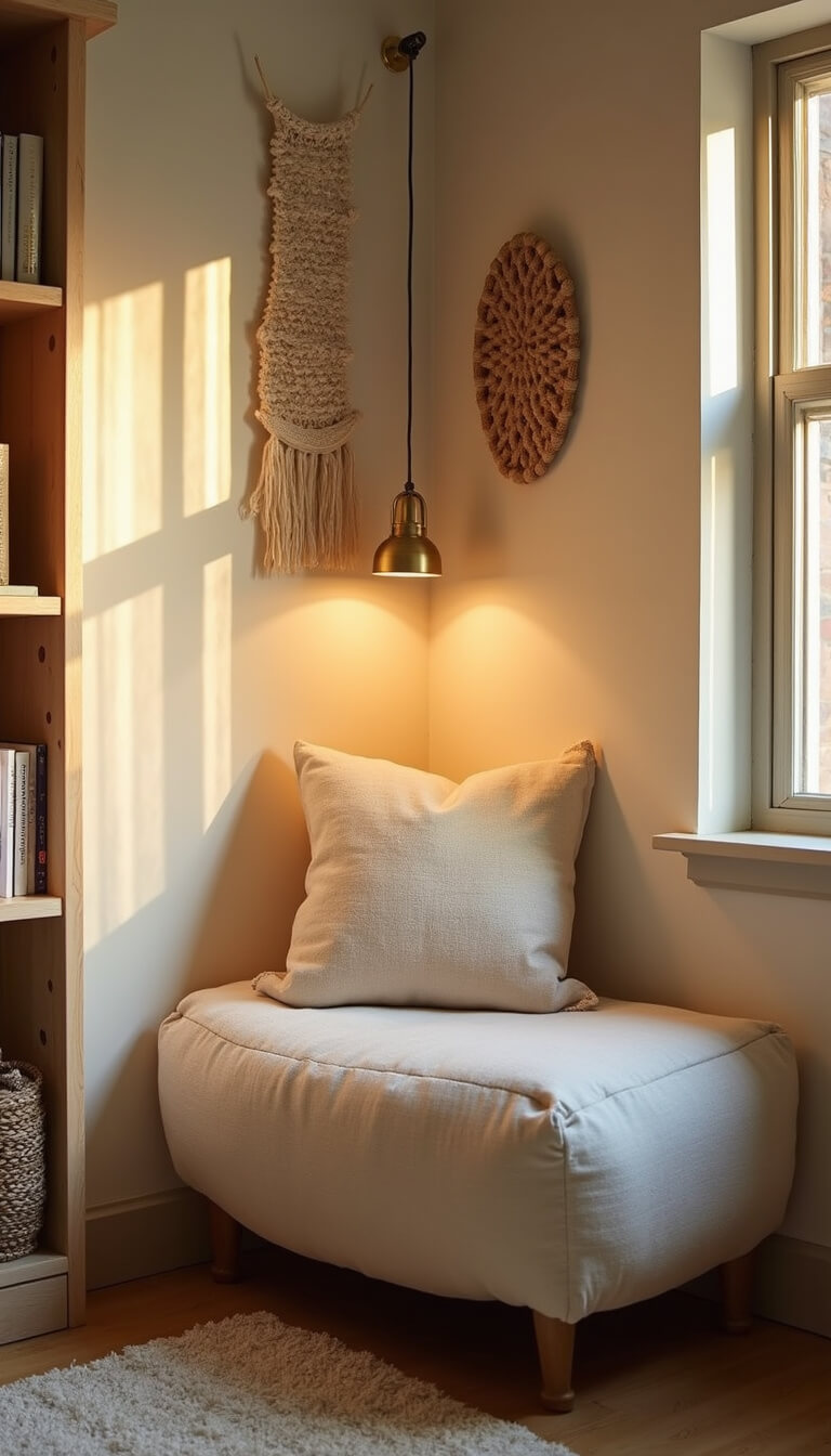 Cozy reading nook at sunset with cream linen floor cushion, bleached oak bookshelf, brass floor lamp, and textured neutral wall hanging.