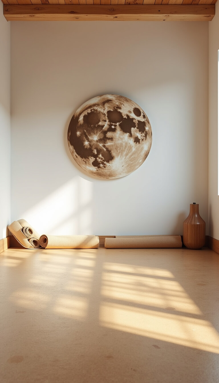 Elevated view of serene yoga studio with cork flooring, white walls, moon phase artwork, natural fiber mats in wall niches, and essential oil diffuser mist.