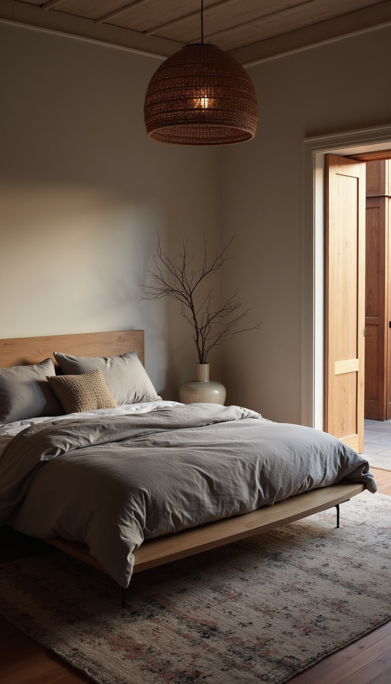 Moody guest bedroom at twilight with low platform bed in soft grey bedding, rattan pendant casting shadows, tall vase with single branch, and abstract wool rug, viewed from doorway.