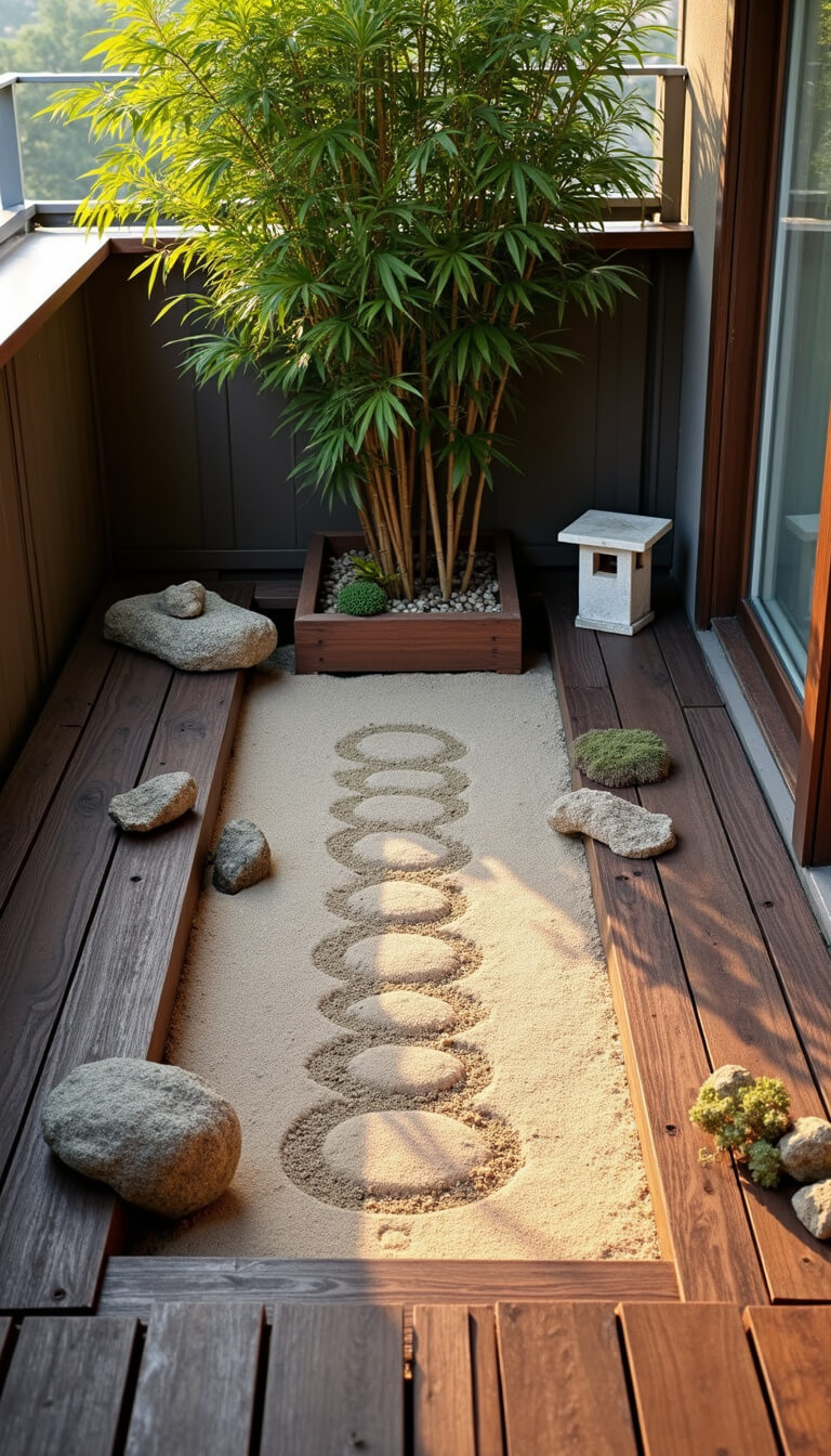 Aerial view of a 6x12ft balcony zen garden at sunrise with a low weathered teak deck, built-in seating, potted bamboo for privacy, stone lanterns, and raked sand patterns glistening with morning dew.