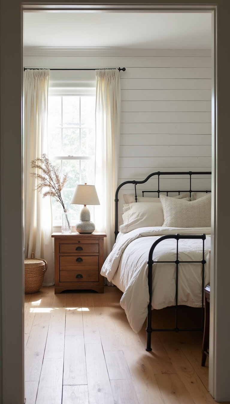 Serene cottage bedroom with whitewashed oak floors, iron bed with oatmeal linen, shiplap walls in White Dove, sheer curtains, vintage lamp, and seagrass basket.