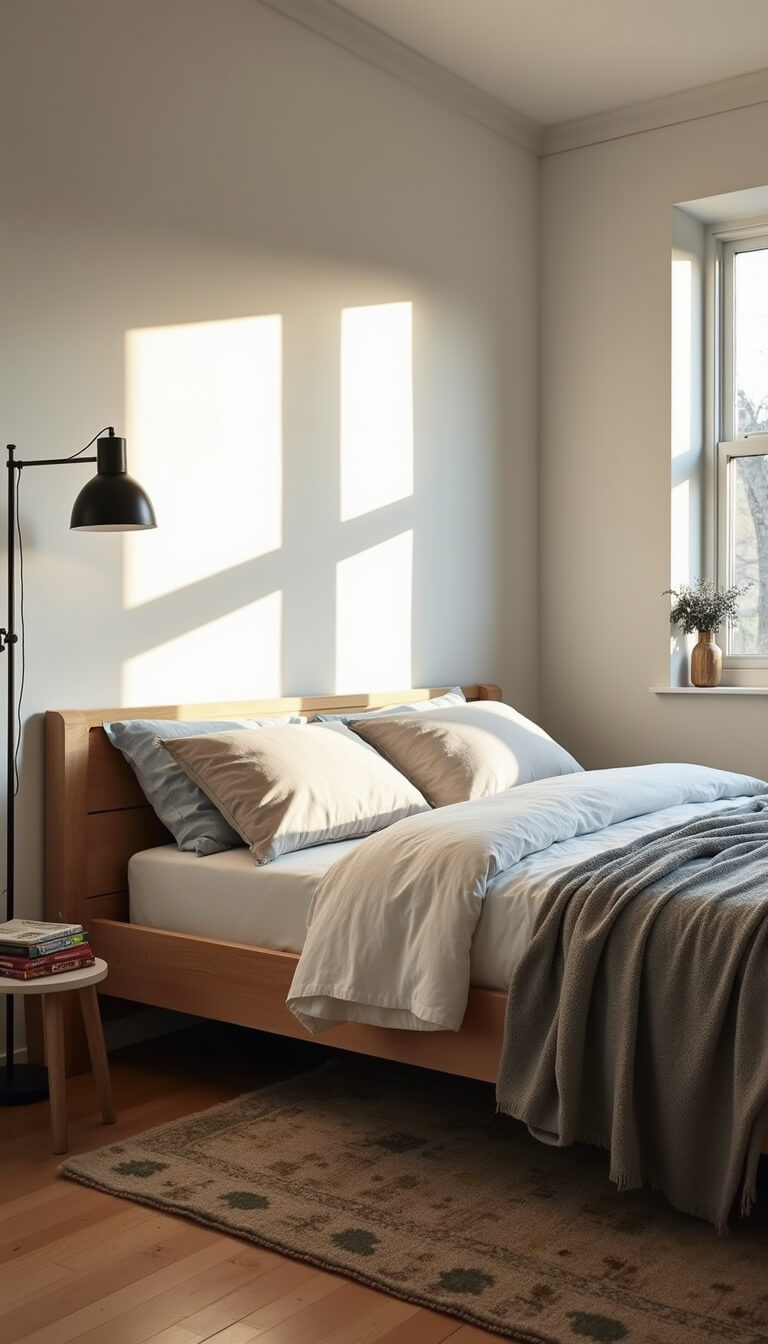Minimalist 12x14ft cottage bedroom with low-profile oak bed, layered neutral bedding, asymmetrical brass pendant light, vintage kilim rug, and warm late afternoon sunlight casting long shadows.