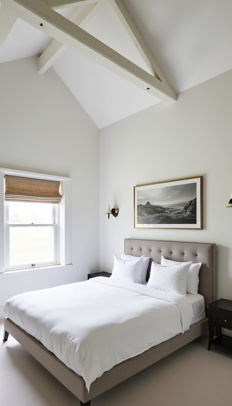16x16ft bedroom with vaulted ceiling, white exposed beams, linen headboard, brass sconces, black and white landscape photo, and natural roman shade in soft morning light.