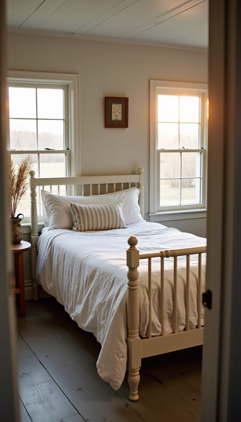 Cozy 10x12ft cottage bedroom at golden hour with corner windows, spindle bed, layered white bedding, and vintage decor.