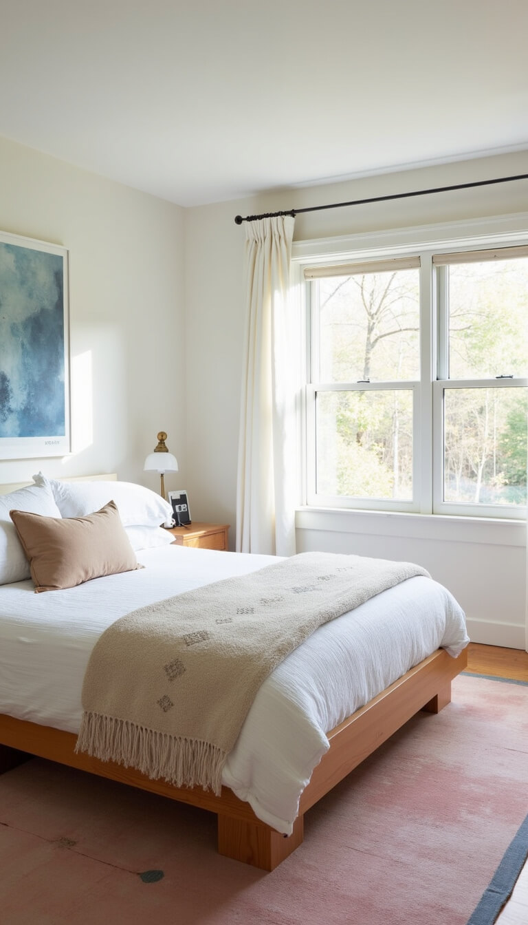 Sunlit primary bedroom with low oak platform bed, white textured bedding, soft blue abstract art, and vintage pale rose rug.