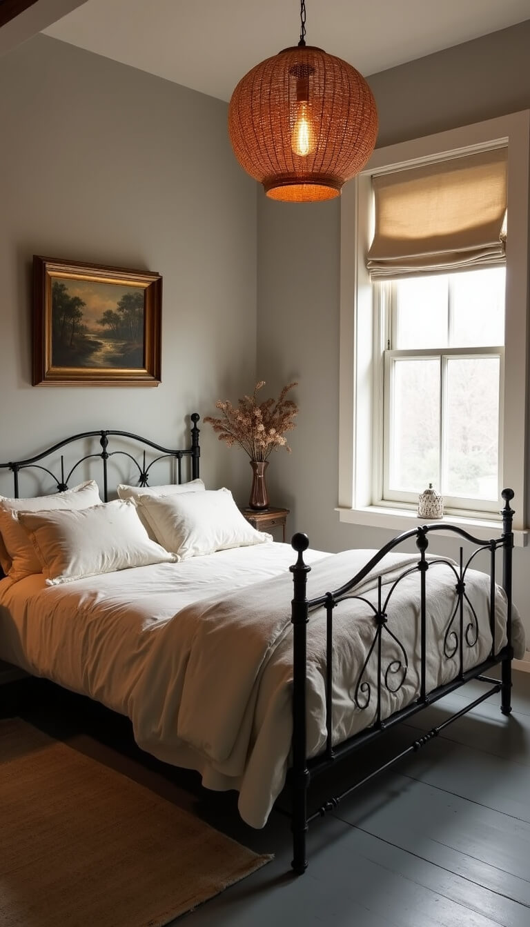 Cozy 12x14ft bedroom at dusk with warm lighting, wrought iron bed, creamy cloud-like bedding, gray painted floors, woven pendant light, linen roman shades, and vintage landscape painting in gilded frame.
