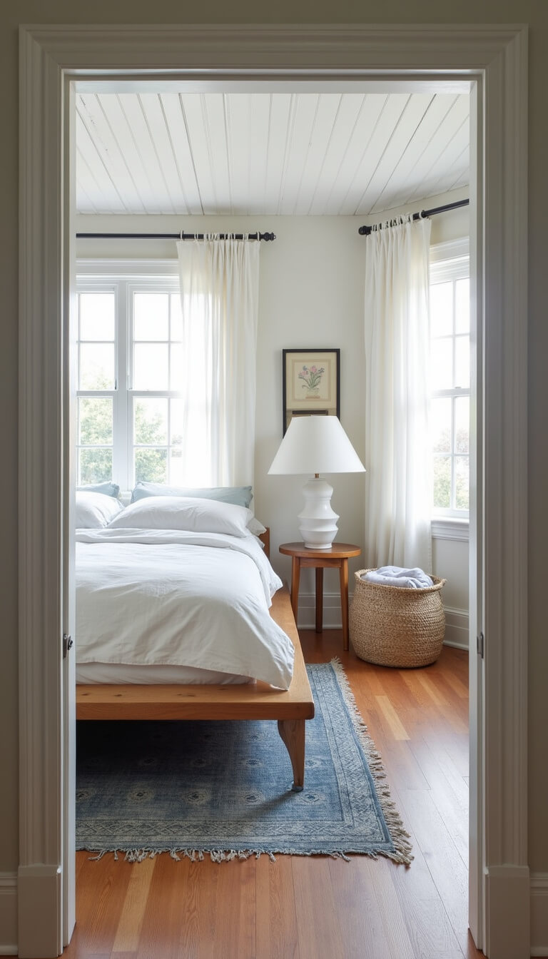 Modern cottage bedroom with beadboard ceiling, low oak bed, white and flax bedding, vintage blue Turkish rug, large ceramic lamp, and morning light through gauzy curtains.
