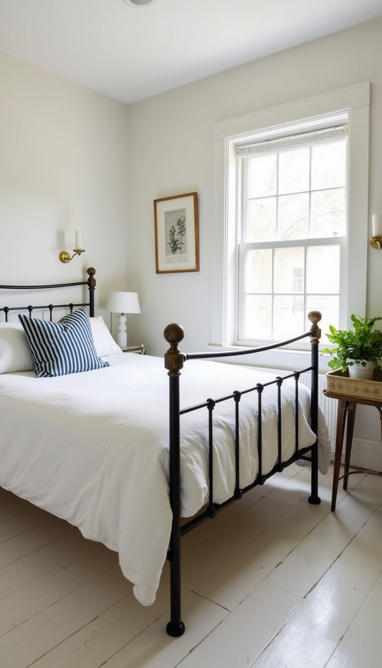 Bright 11x13ft cottage bedroom with iron bed, white layered bedding, striped pillow, vintage brass sconces, and sunlight through original windows.
