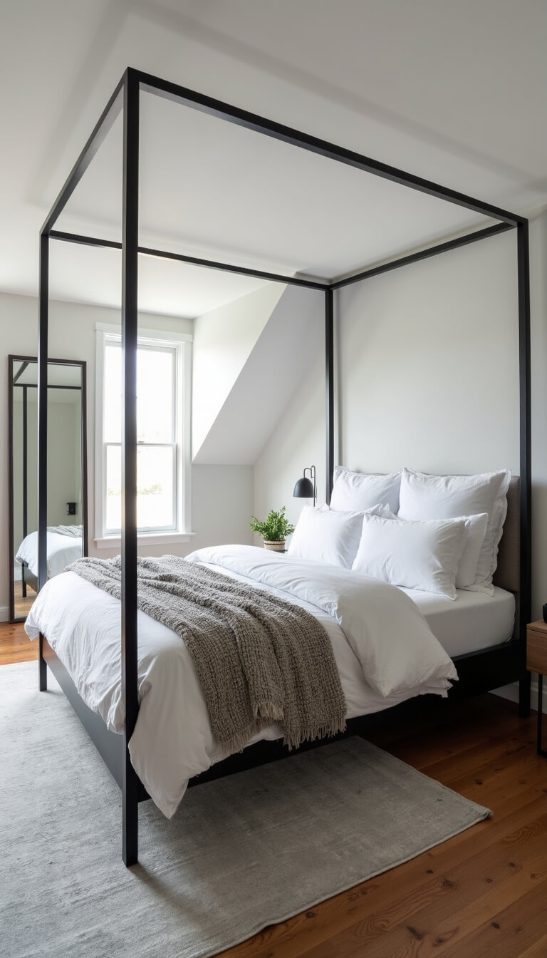 Spacious 16x18ft bedroom with sloped ceiling, modern black canopy bed, white bedding, pale gray vintage rug, dormer windows, black reading sconce, oversized mirror reflecting soft afternoon light.