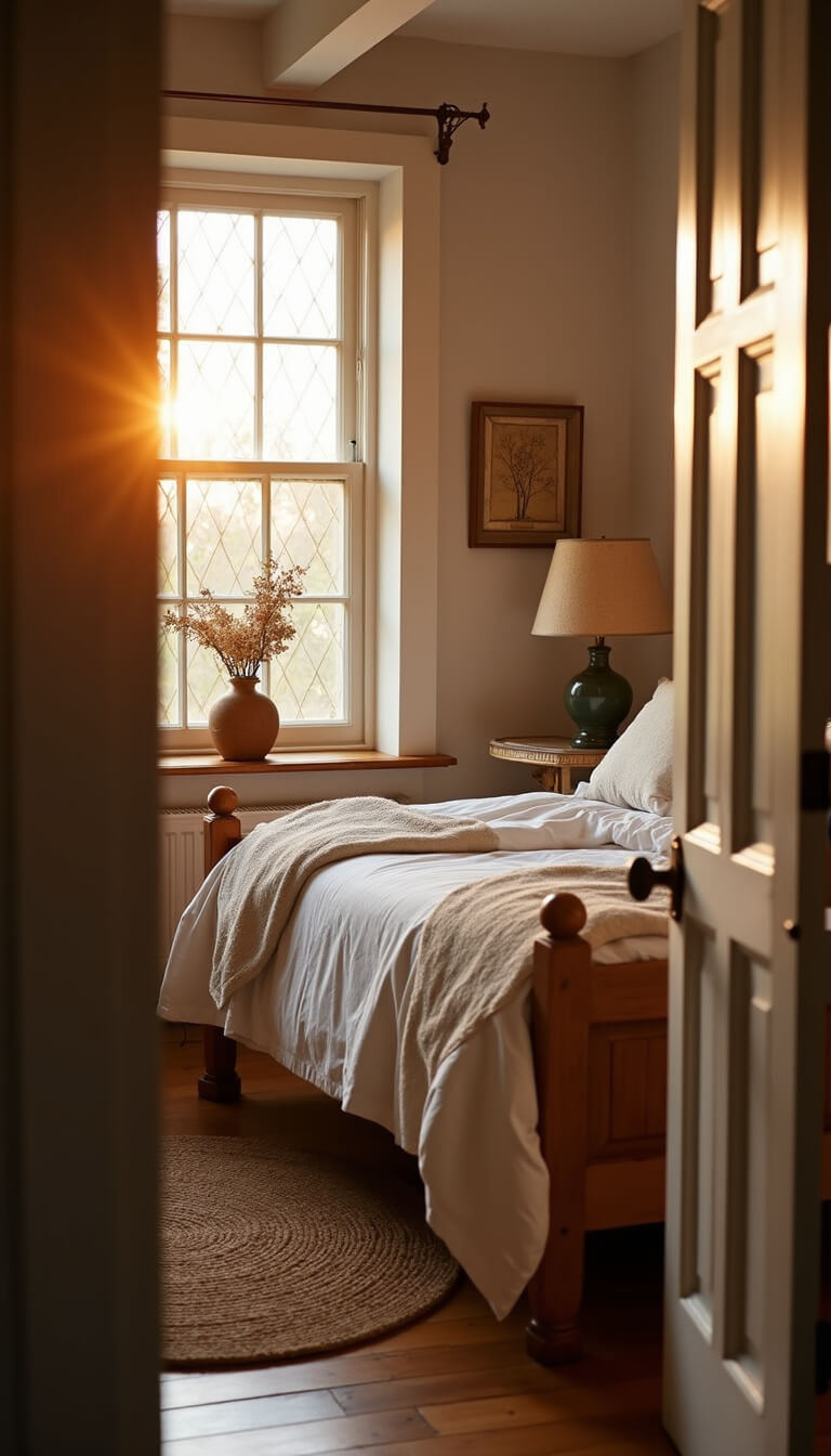 Warm, romantic 13x15ft cottage bedroom at sunset with diamond-pane windows, natural wood bed frame, layered white and linen bedding, vintage ceramic lamp, braided jute rug, and dried flowers in an earthenware vase.