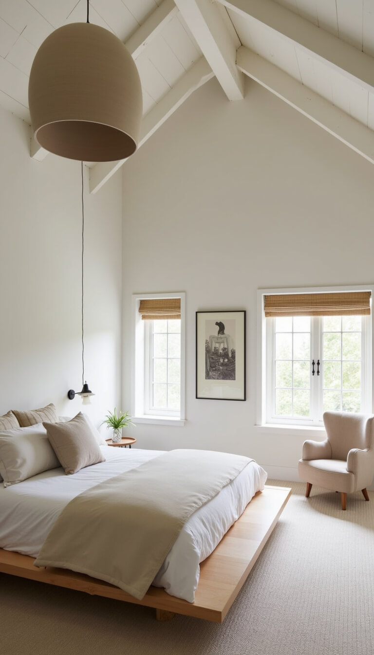 Minimal contemporary cottage bedroom with high ceilings, exposed painted beams, platform bed in bleached oak, ivory bedding, large ceramic pendant light, natural fiber curtains, and architectural details in soft morning light.