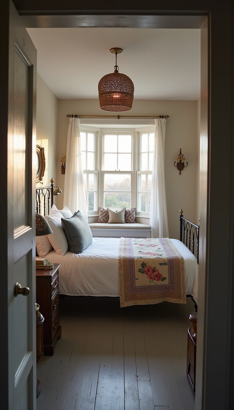 Cozy 12x12ft cottage bedroom at dawn with iron bed, vintage quilt, window seat, warm gray floors, woven pendant light, and nostalgic decor.