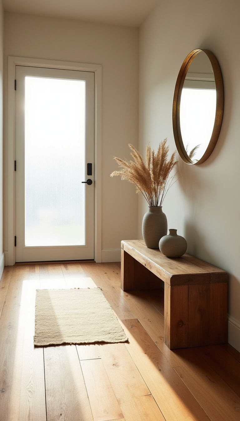Minimalist entryway with reclaimed oak flooring, teak bench, brass-framed mirror, jute runner, and ceramic vessels with pampas grass in soft morning light.