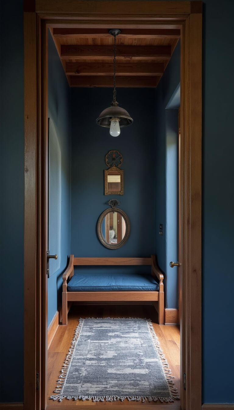 Moody 5x7 foyer at blue hour with exposed wood beams, iron pendant light, hand-plastered walls, vintage mirrors, indigo-cushioned bench, and faded wool runner.