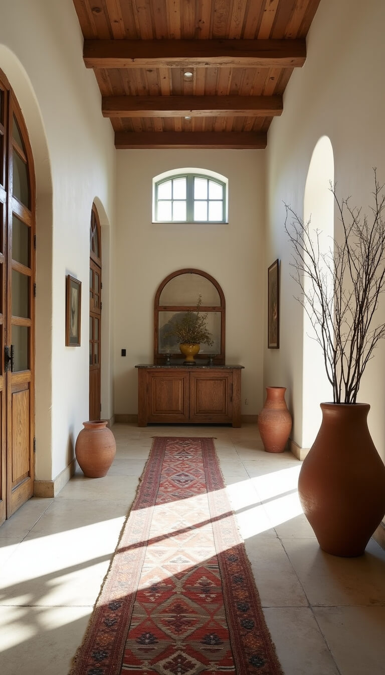 Sunlit 10x12 entry hall with high ceilings, limestone flooring, vintage wooden cabinet, clay pots with olive branches, and worn kilim runner.
