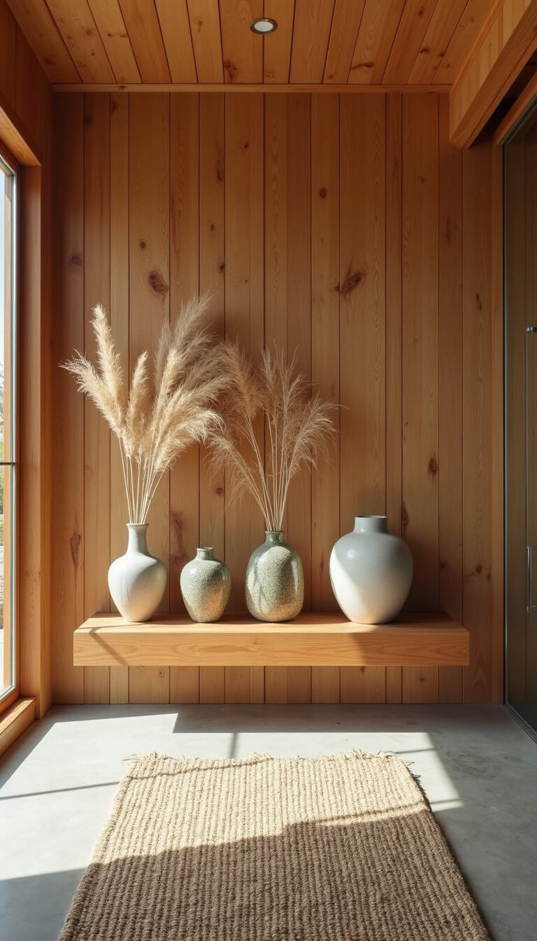 Modern 8x12 foyer with polished concrete floor, vertical knotty cedar walls, floating vintage bench, ceramic vessels with dried botanicals, and handwoven sisal runner in warm morning light.