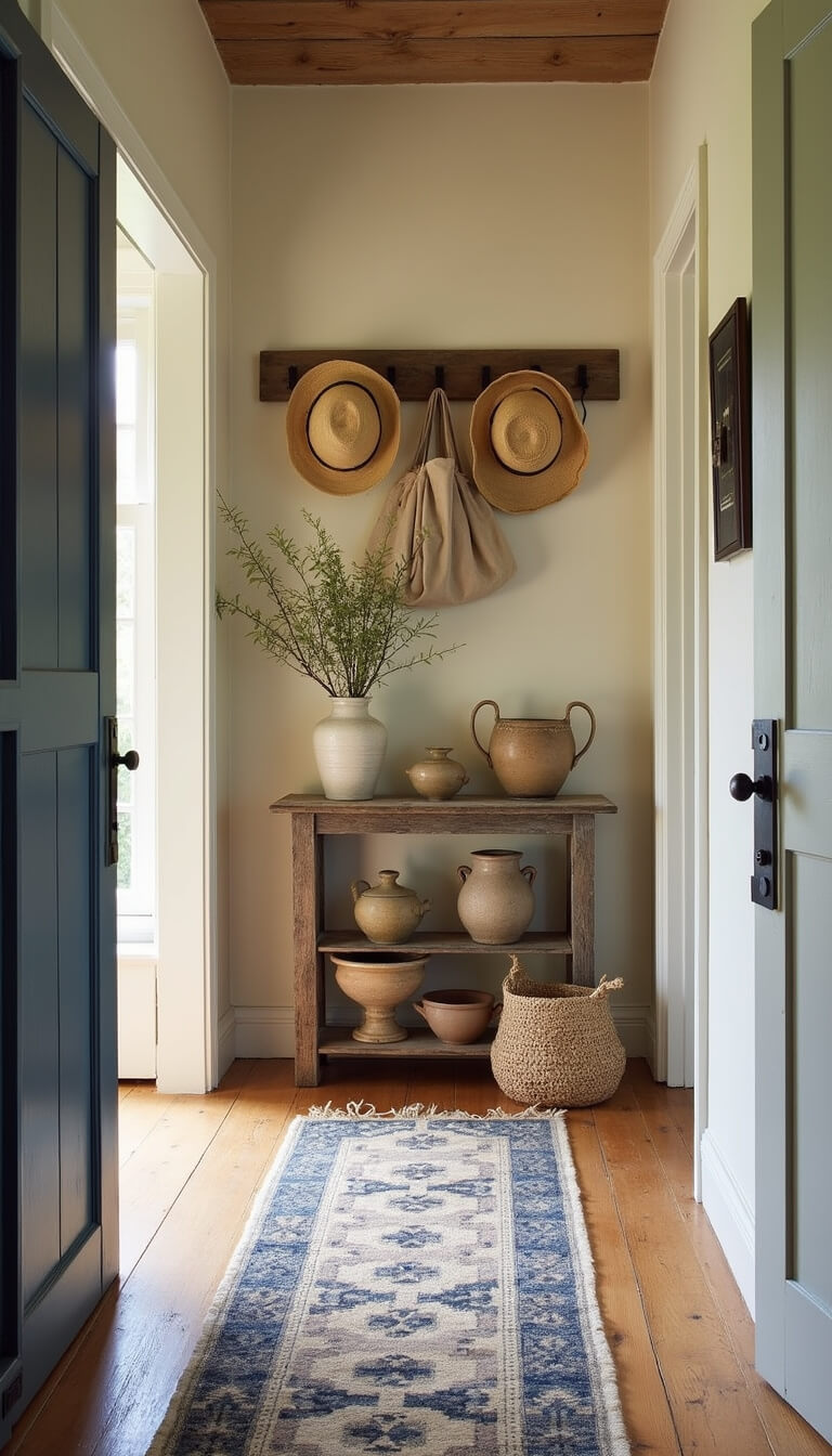 Rustic farmhouse entry with worn pine floors, vintage shaker pegs holding straw hats and linen bags, distressed console displaying earthenware, and handspun wool runner in natural tones.