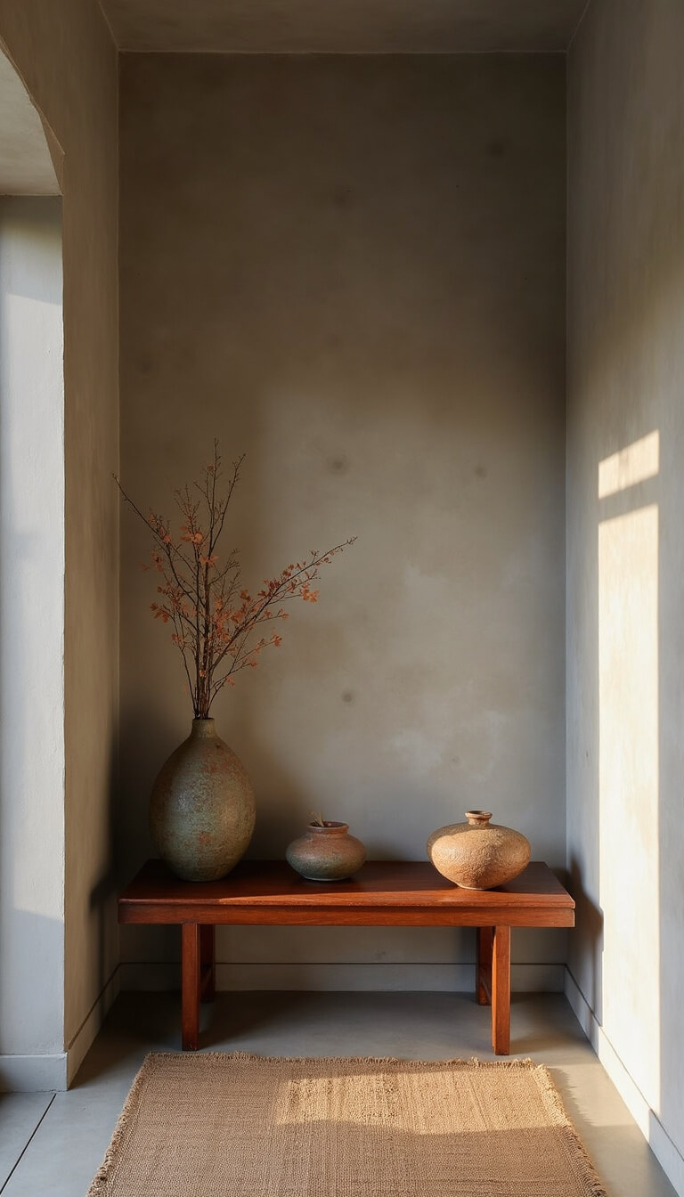 Twilight-lit entry alcove with Venetian plaster walls, antique Chinese bench, raku pottery, hemp runner, and soft uplighting in pearl gray, deep umber, and oxidized copper tones.